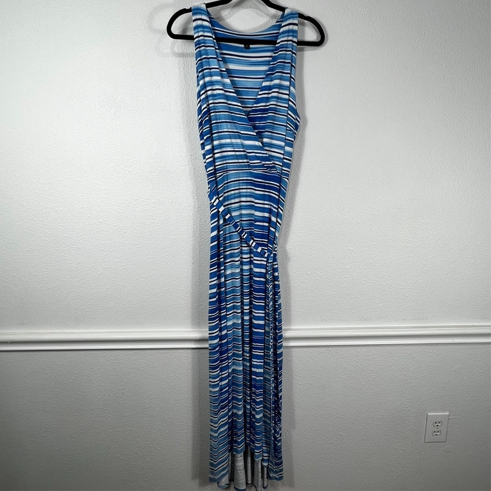 Ann Taylor Blue Aquatic Stripe Crossover Maxi Dress Belted Stretch‎ Women's M
